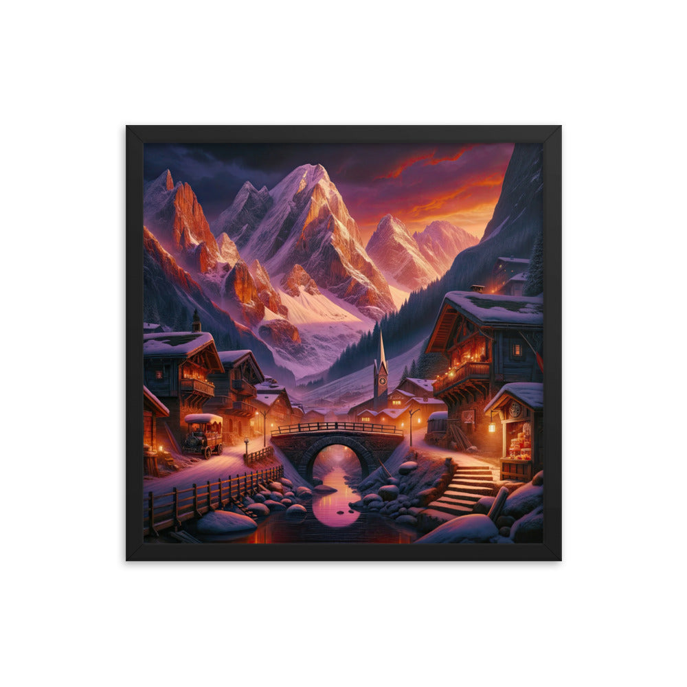 Magische Alpenstunde: Digitale Kunst mit warmem Himmelsschein über schneebedeckte Berge - Premium Poster mit Rahmen berge xxx yyy zzz 45.7 x 45.7 cm