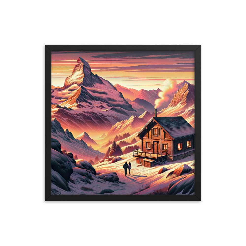 Berghütte im goldenen Sonnenuntergang: Digitale Alpenillustration - Premium Poster mit Rahmen berge xxx yyy zzz 45.7 x 45.7 cm