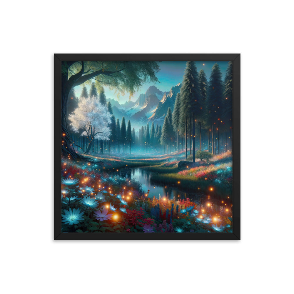Ätherischer Alpenwald: Digitale Darstellung mit leuchtenden Bäumen und Blumen - Premium Poster mit Rahmen camping xxx yyy zzz 45.7 x 45.7 cm