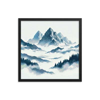 Nebeliger Alpenmorgen-Essenz, verdeckte Täler und Wälder - Premium Poster mit Rahmen berge xxx yyy zzz 45.7 x 45.7 cm