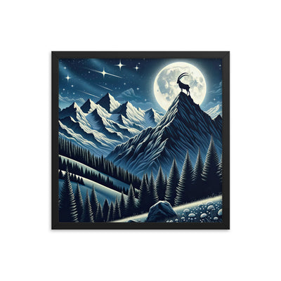 Steinbock in Alpennacht, silberne Berge und Sternenhimmel - Premium Poster mit Rahmen berge xxx yyy zzz 45.7 x 45.7 cm