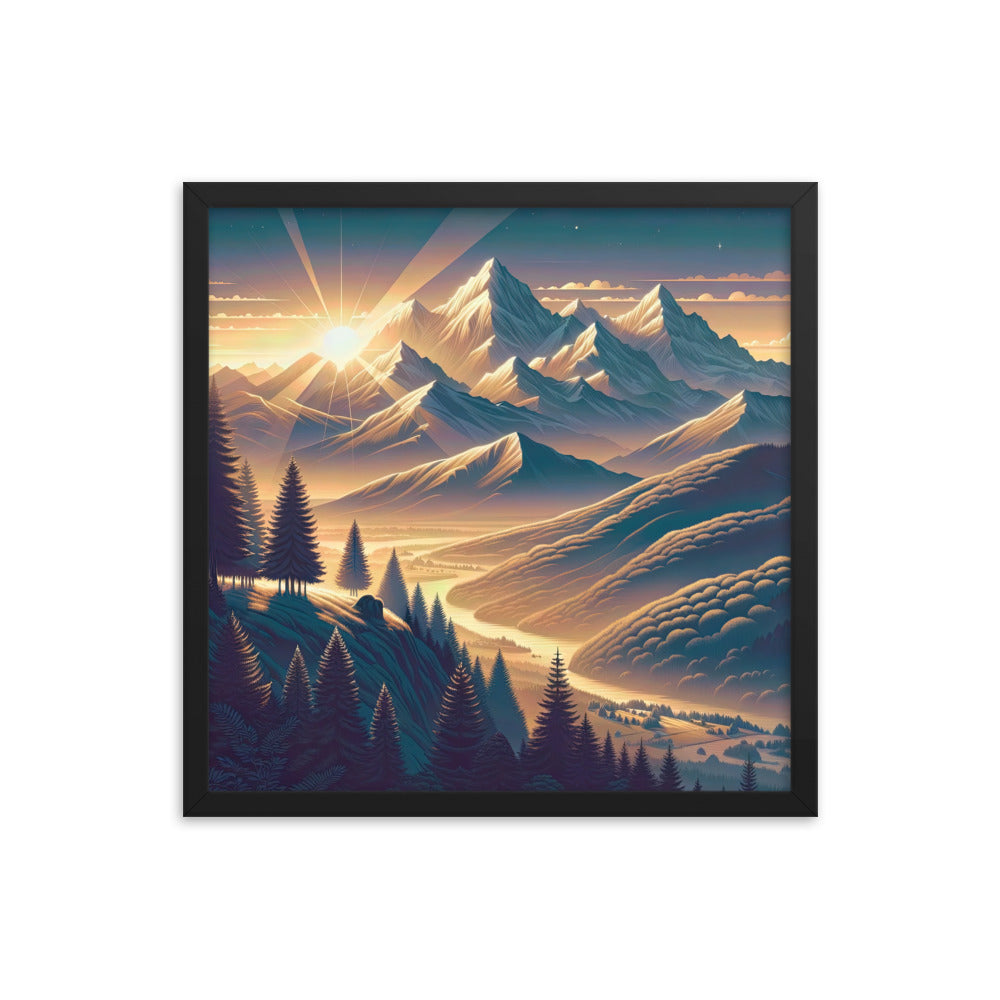 Alpen-Morgendämmerung, erste Sonnenstrahlen auf Schneegipfeln - Premium Poster mit Rahmen berge xxx yyy zzz 45.7 x 45.7 cm