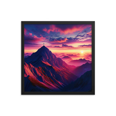Dramatischer Alpen-Sonnenaufgang, Gipfelkreuz und warme Himmelsfarben - Premium Poster mit Rahmen berge xxx yyy zzz 45.7 x 45.7 cm