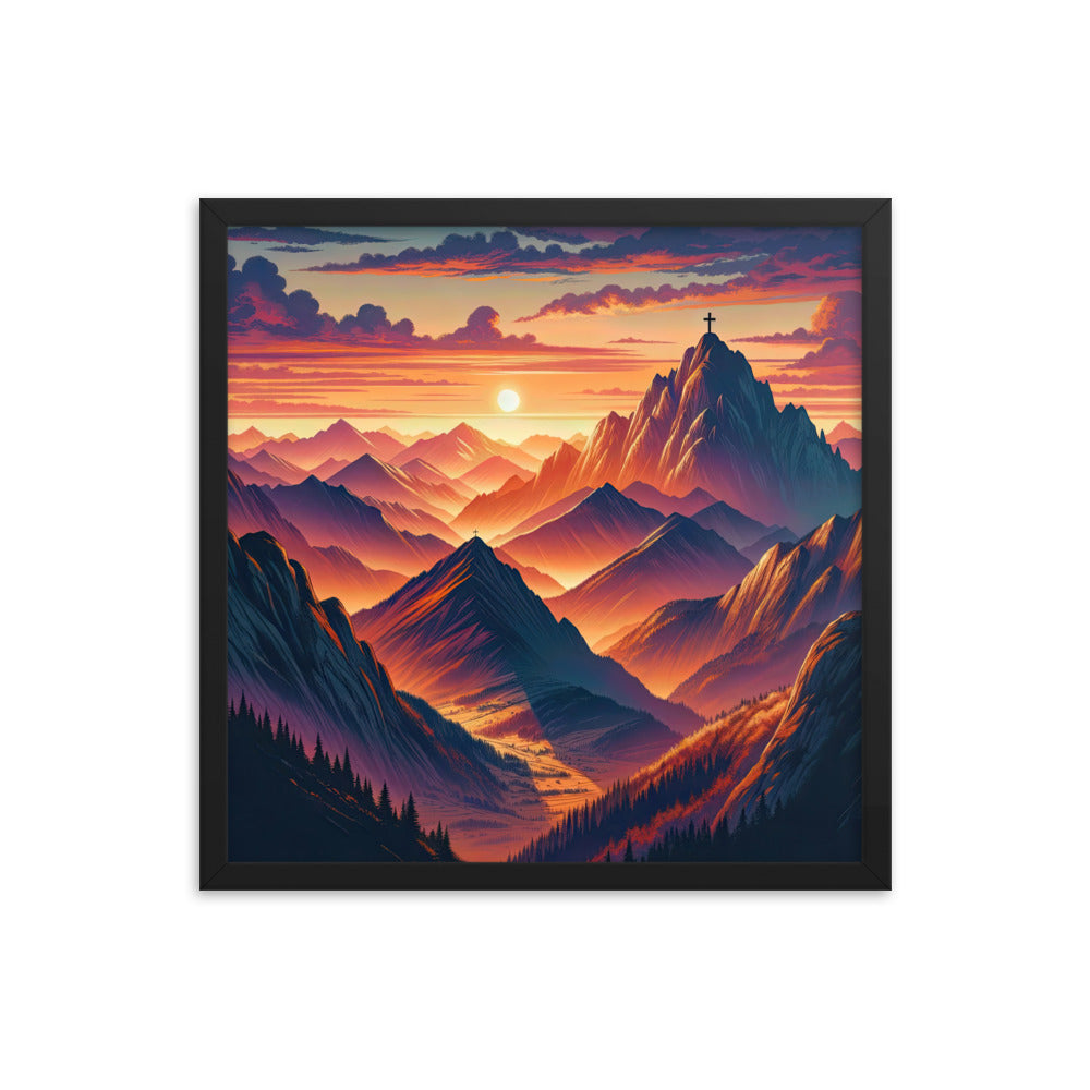 Dramatischer Alpen-Sonnenuntergang, Gipfelkreuz in Orange-Rosa - Premium Poster mit Rahmen berge xxx yyy zzz 45.7 x 45.7 cm
