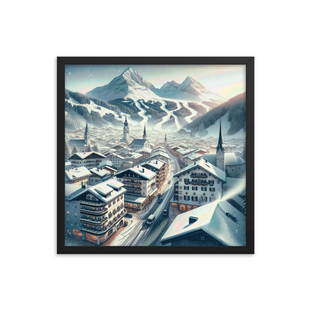 Winter in Kitzbühel: Digitale Malerei von schneebedeckten Dächern - Premium Poster mit Rahmen berge xxx yyy zzz 45.7 x 45.7 cm