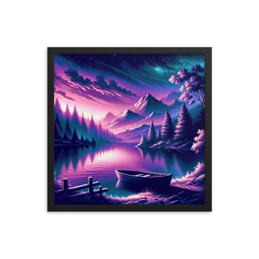 Magische Alpen-Dämmerung, rosa-lila Himmel und Bergsee mit Boot - Premium Poster mit Rahmen berge xxx yyy zzz 45.7 x 45.7 cm