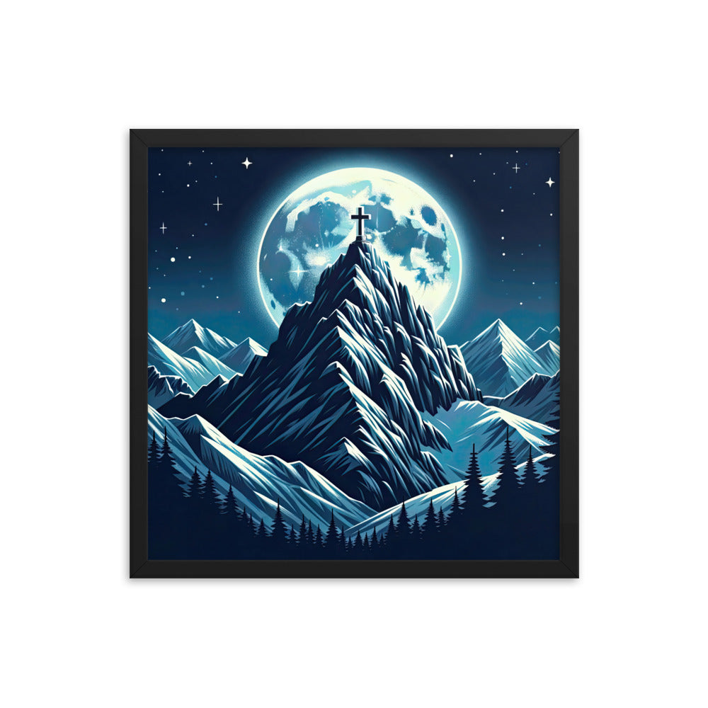 Mondnacht und Gipfelkreuz in den Alpen, glitzernde Schneegipfel - Premium Poster mit Rahmen berge xxx yyy zzz 45.7 x 45.7 cm