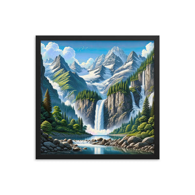 Illustration einer unberührten Alpenkulisse im Hochsommer. Wasserfall und See - Premium Poster mit Rahmen berge xxx yyy zzz 45.7 x 45.7 cm