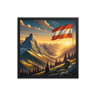 Ruhiger Alpenabend mit österreichischer Flagge und goldenem Sonnenuntergang - Premium Poster mit Rahmen berge xxx yyy zzz 45.7 x 45.7 cm