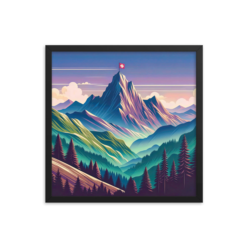 Harmonische Berglandschaft mit Schweizer Flagge auf Gipfel - Premium Poster mit Rahmen berge xxx yyy zzz 45.7 x 45.7 cm