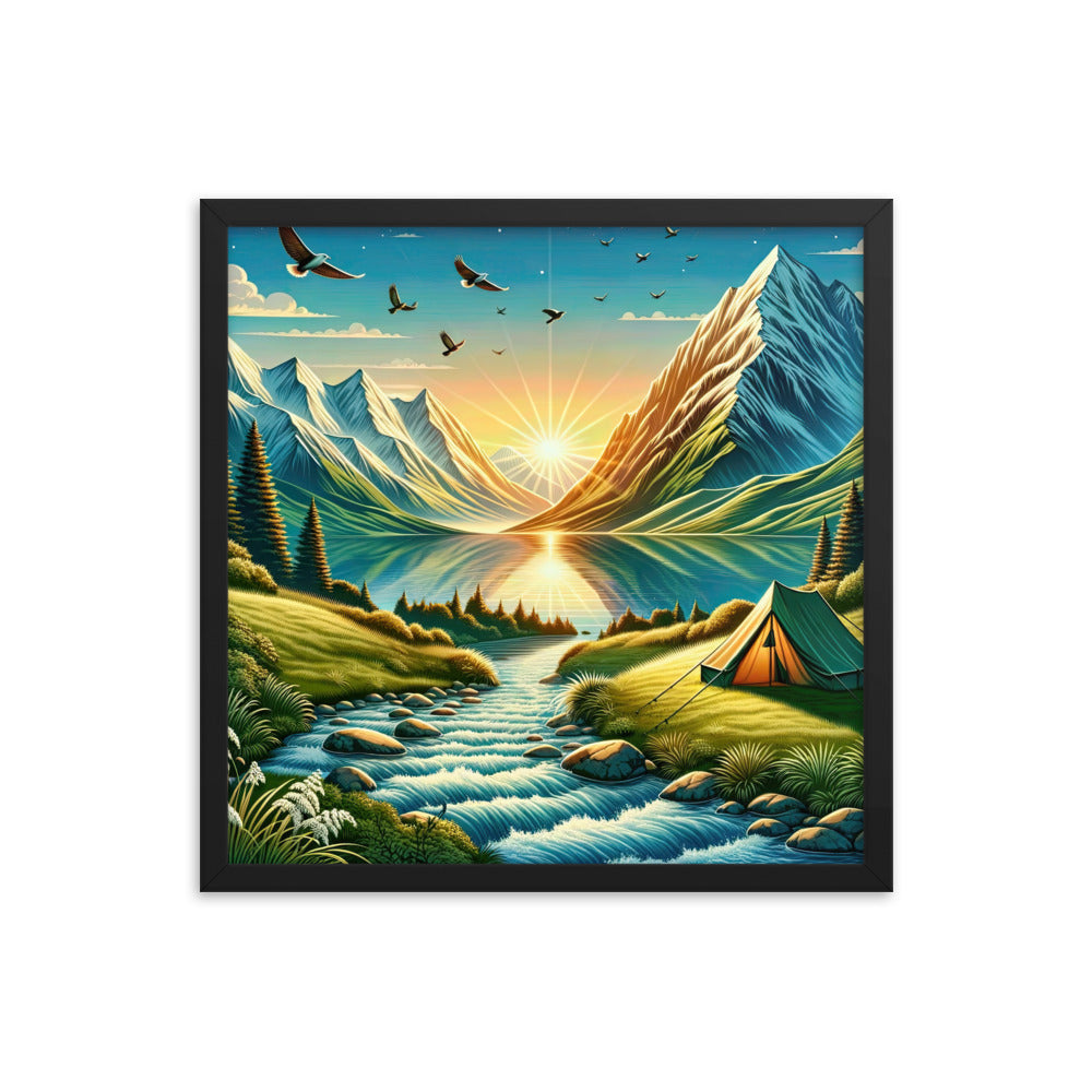 Zelt im Alpenmorgen mit goldenem Licht, Schneebergen und unberührten Seen - Premium Poster mit Rahmen berge xxx yyy zzz 45.7 x 45.7 cm