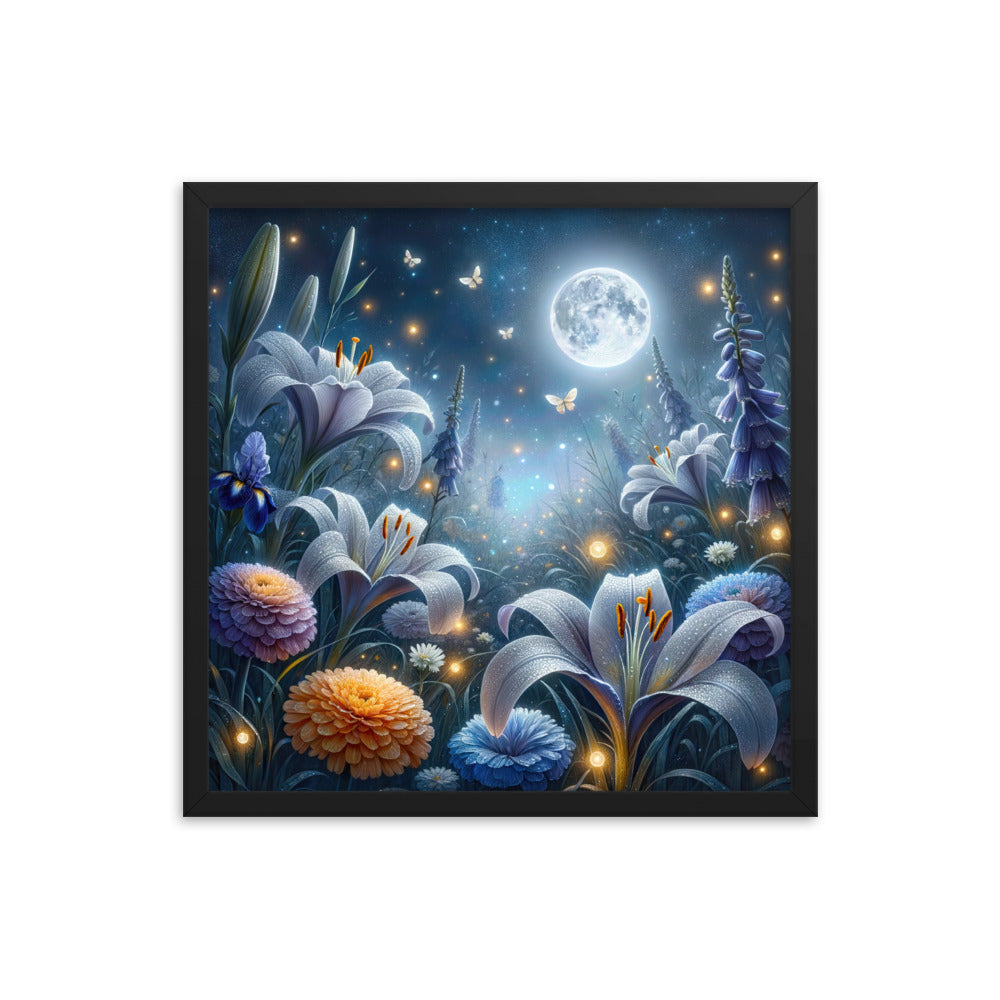 Ätherische Mondnacht auf blühender Wiese, silbriger Blumenglanz - Premium Poster mit Rahmen camping xxx yyy zzz 45.7 x 45.7 cm