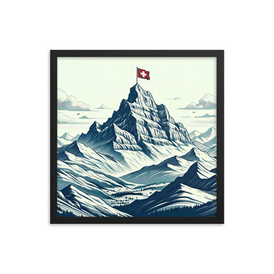 Ausgedehnte Bergkette mit dominierendem Gipfel und wehender Schweizer Flagge - Premium Poster mit Rahmen berge xxx yyy zzz 45.7 x 45.7 cm