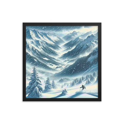 Alpine Wildnis im Wintersturm mit Skifahrer, verschneite Landschaft - Premium Poster mit Rahmen klettern ski xxx yyy zzz 45.7 x 45.7 cm