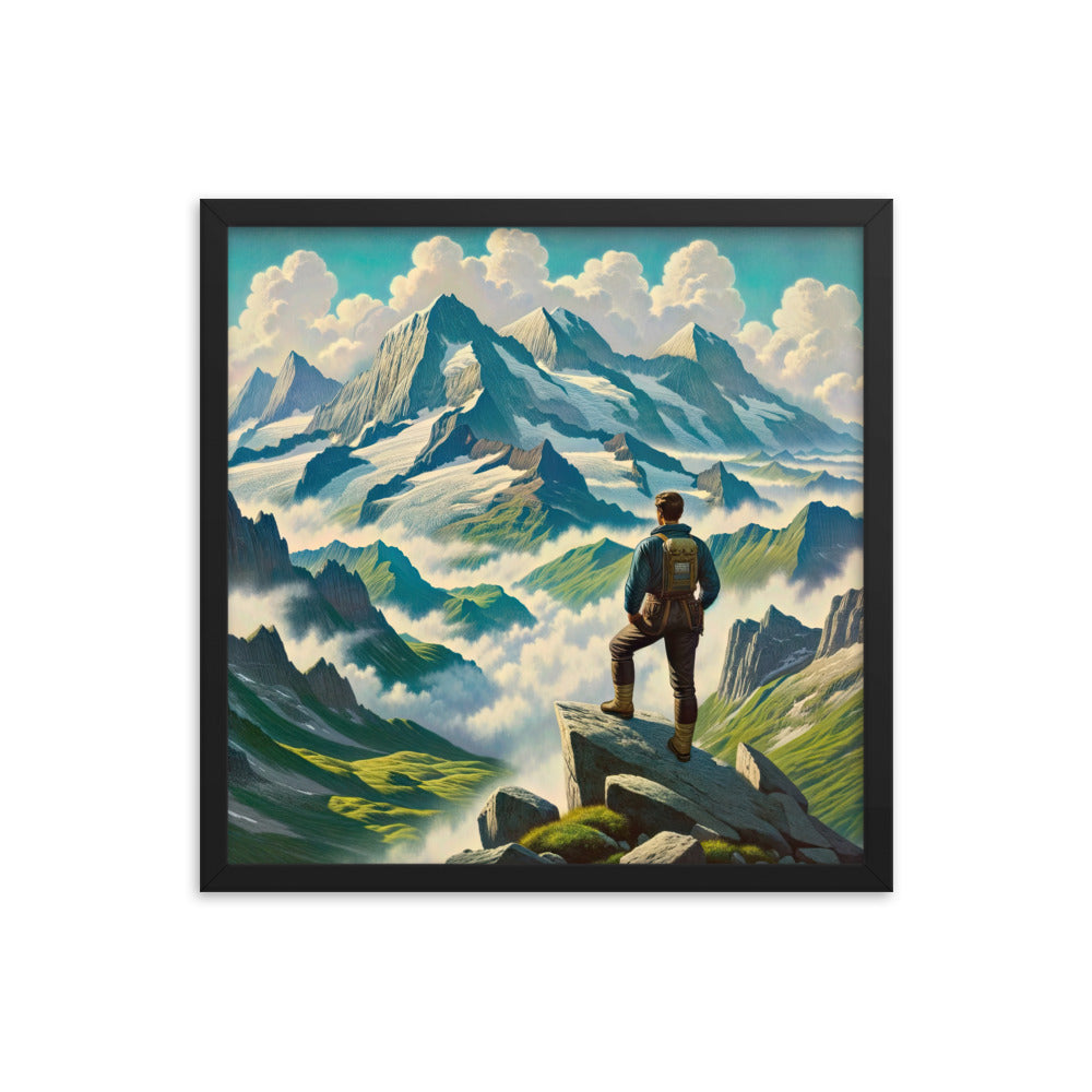 Panoramablick der Alpen mit Wanderer auf einem Hügel und schroffen Gipfeln - Premium Poster mit Rahmen wandern xxx yyy zzz 45.7 x 45.7 cm