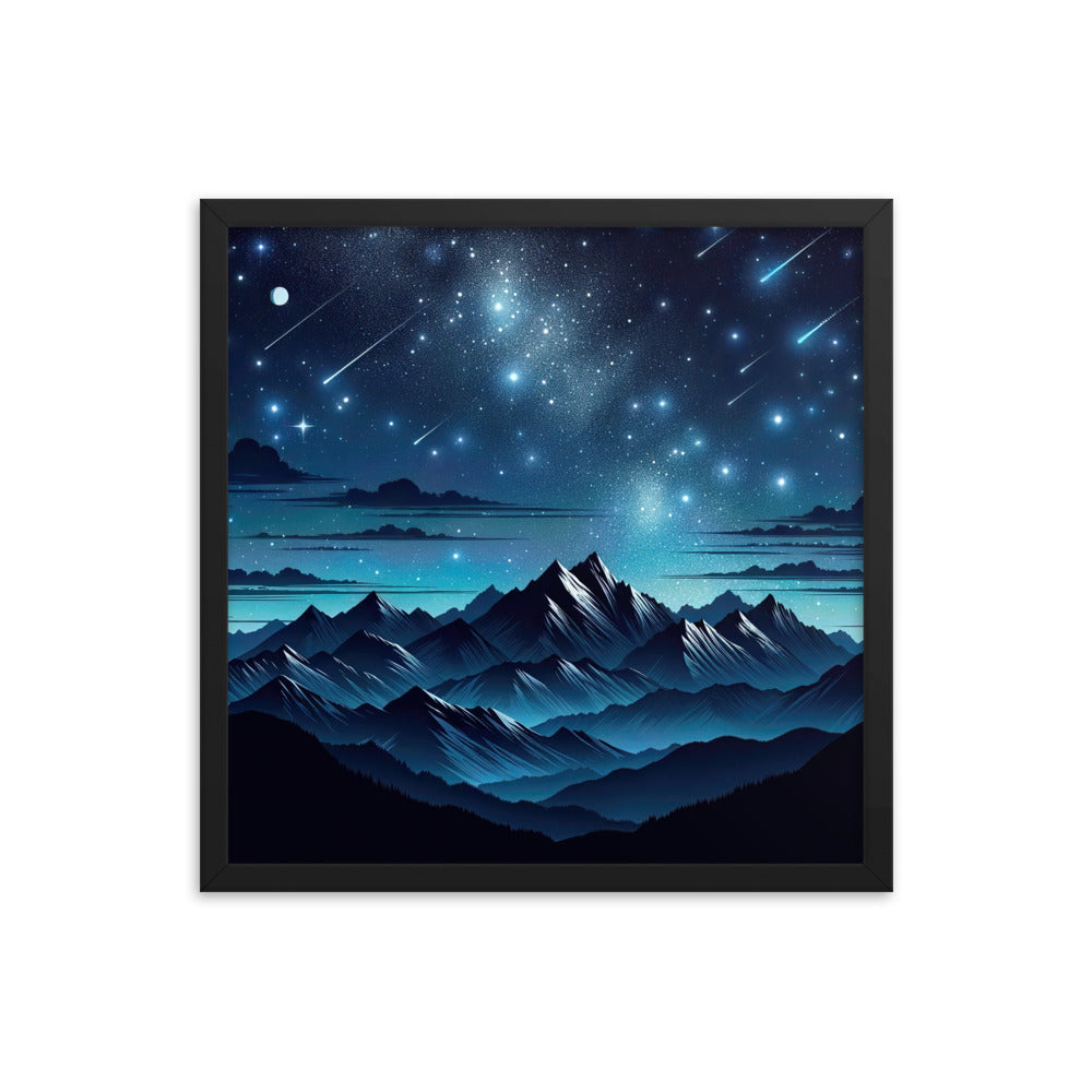 Alpen unter Sternenhimmel mit glitzernden Sternen und Meteoren - Premium Poster mit Rahmen berge xxx yyy zzz 45.7 x 45.7 cm