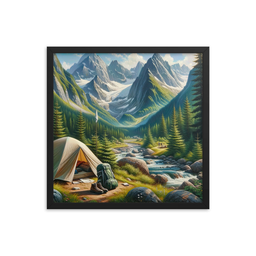 Ölgemälde der Alpensommerlandschaft mit Zelt, Gipfeln, Wäldern und Bächen - Premium Poster mit Rahmen camping xxx yyy zzz 45.7 x 45.7 cm