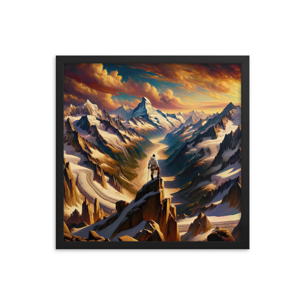 Ölgemälde eines Wanderers auf einem Hügel mit Panoramablick auf schneebedeckte Alpen und goldenen Himmel - Enhanced Matte Paper Framed wandern xxx yyy zzz 45.7 x 45.7 cm