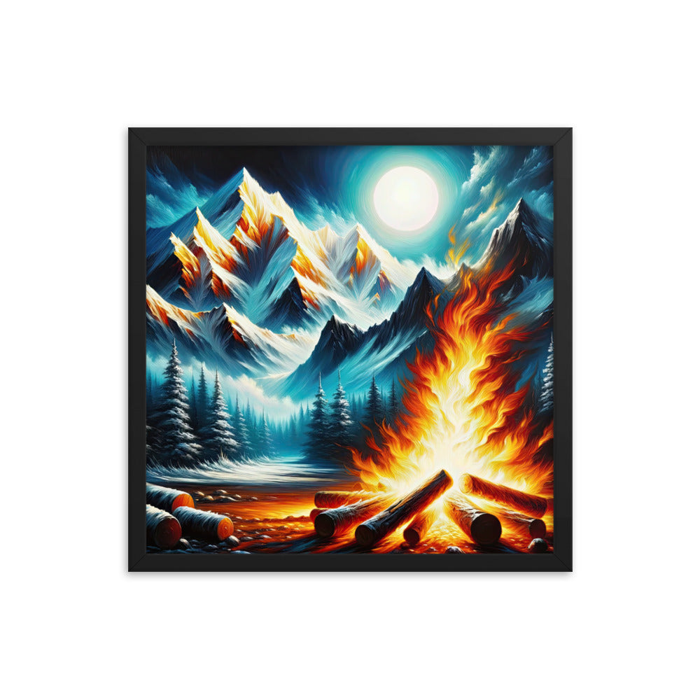 Ölgemälde von Feuer und Eis: Lagerfeuer und Alpen im Kontrast, warme Flammen - Premium Poster mit Rahmen camping xxx yyy zzz 45.7 x 45.7 cm
