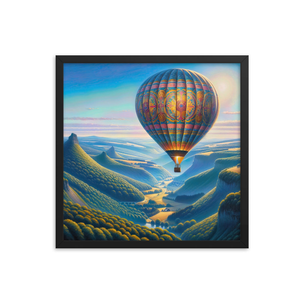 Ölgemälde einer ruhigen Szene mit verziertem Heißluftballon - Premium Poster mit Rahmen berge xxx yyy zzz 45.7 x 45.7 cm