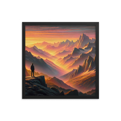 Ölgemälde der Alpen in der goldenen Stunde mit Wanderer, Orange-Rosa Bergpanorama - Premium Poster mit Rahmen wandern xxx yyy zzz 45.7 x 45.7 cm