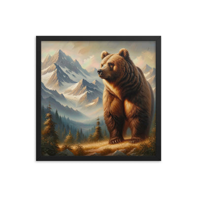Ölgemälde eines königlichen Bären vor der majestätischen Alpenkulisse - Premium Poster mit Rahmen camping xxx yyy zzz 45.7 x 45.7 cm