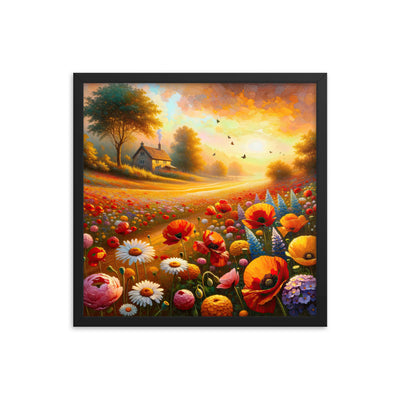 Ölgemälde eines Blumenfeldes im Sonnenuntergang, leuchtende Farbpalette - Premium Poster mit Rahmen camping xxx yyy zzz 45.7 x 45.7 cm