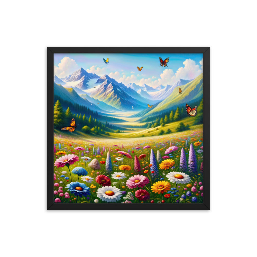Ölgemälde einer ruhigen Almwiese, Oase mit bunter Wildblumenpracht - Premium Poster mit Rahmen camping xxx yyy zzz 45.7 x 45.7 cm