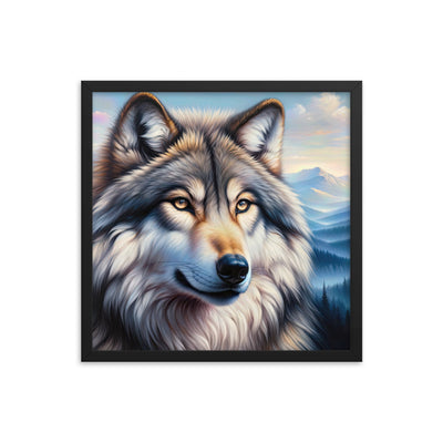 Ölgemäldeporträt eines majestätischen Wolfes mit intensiven Augen in der Berglandschaft (AN) - Premium Poster mit Rahmen xxx yyy zzz 45.7 x 45.7 cm