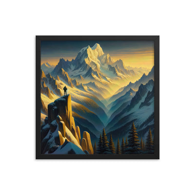 Ölgemälde eines Wanderers bei Morgendämmerung auf Alpengipfeln mit goldenem Sonnenlicht - Premium Poster mit Rahmen wandern xxx yyy zzz 45.7 x 45.7 cm