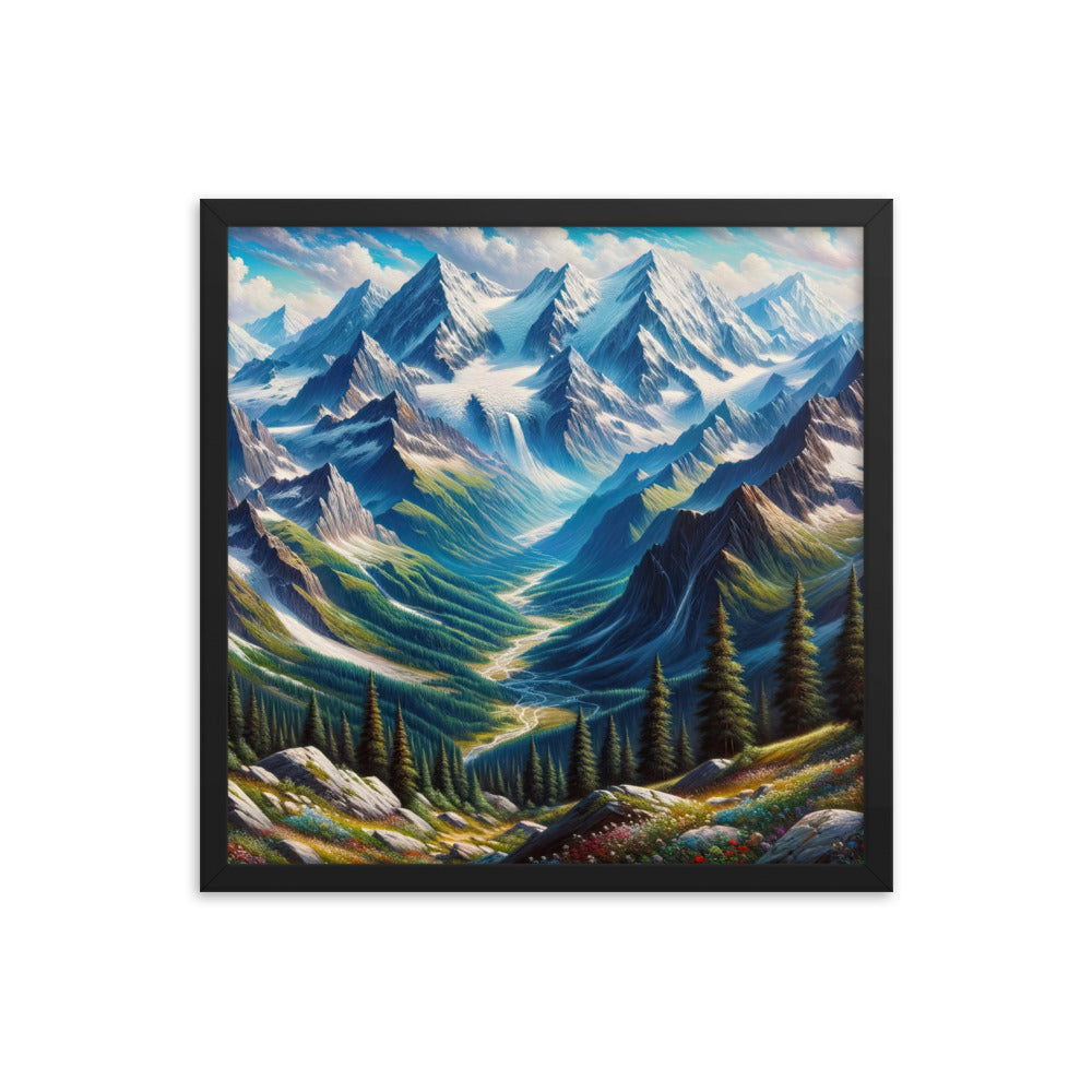 Panorama-Ölgemälde der Alpen mit schneebedeckten Gipfeln und schlängelnden Flusstälern - Premium Poster mit Rahmen berge xxx yyy zzz 45.7 x 45.7 cm