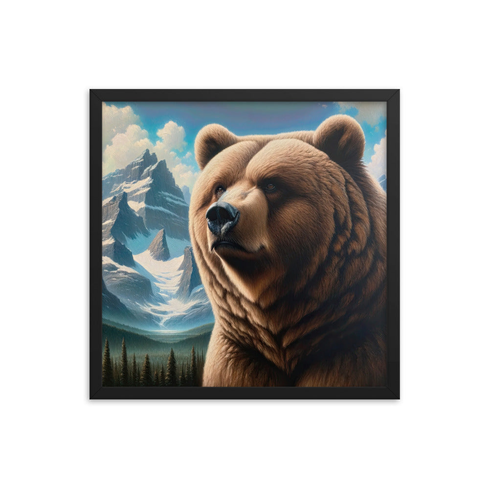 Realistisches Ölgemälde eines männlichen Bären in den Bergen mit Fokus auf Stärke und Schärfe - Premium Poster mit Rahmen camping xxx yyy zzz 45.7 x 45.7 cm