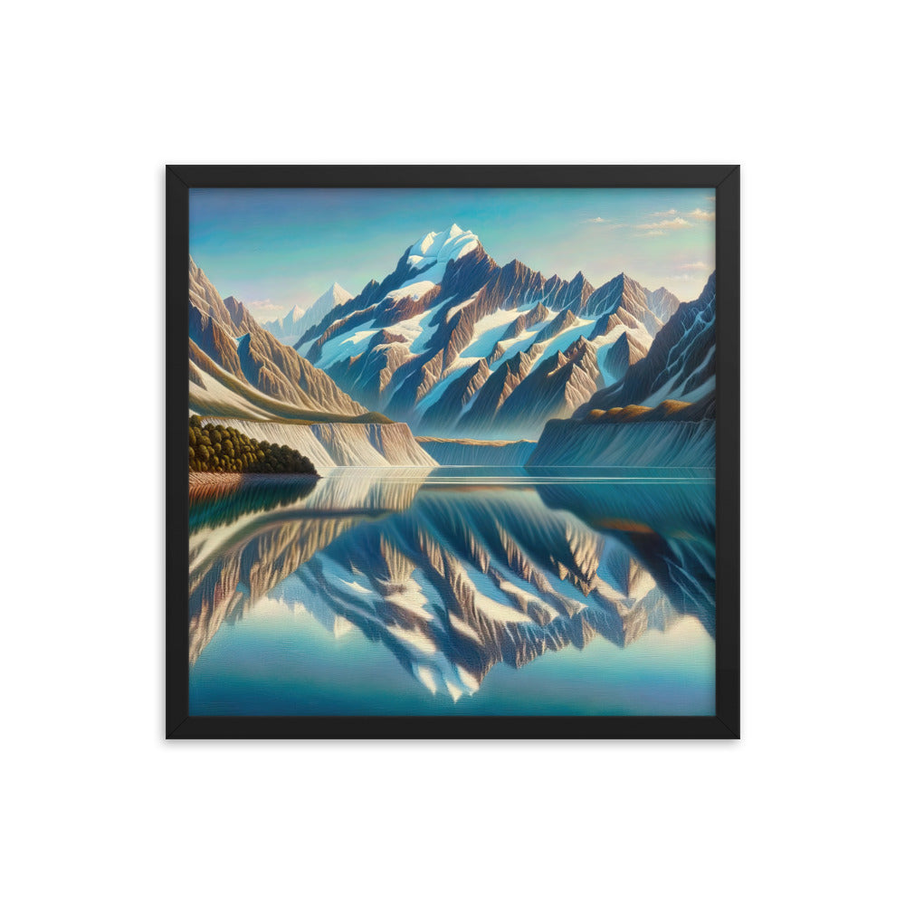 Ölgemälde eines unberührten Sees, der die Bergkette spiegelt - Premium Poster mit Rahmen berge xxx yyy zzz 45.7 x 45.7 cm
