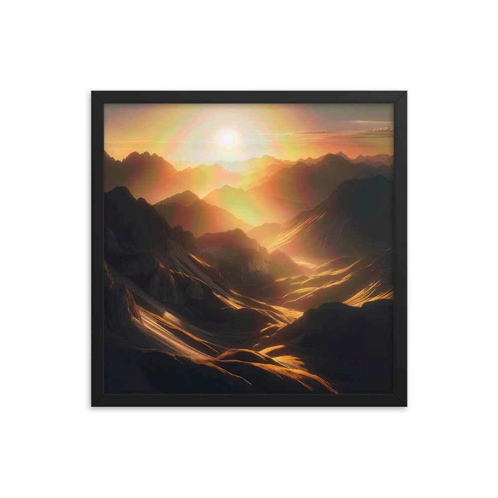 Foto der goldenen Stunde in den Bergen mit warmem Schein über zerklüftetem Gelände - Premium Poster mit Rahmen berge xxx yyy zzz 45.7 x 45.7 cm