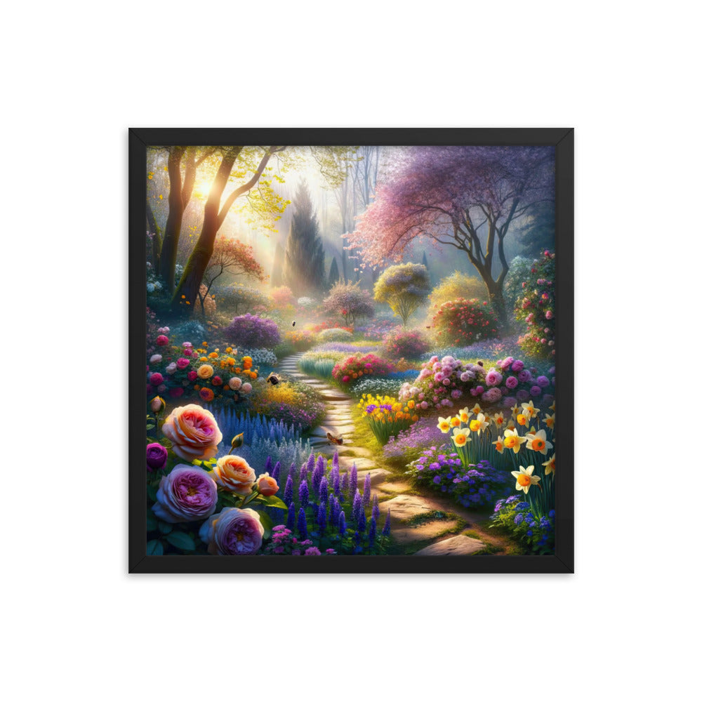 Foto einer Gartenszene im Frühling mit Weg durch blühende Rosen und Veilchen - Premium Poster mit Rahmen camping xxx yyy zzz 45.7 x 45.7 cm