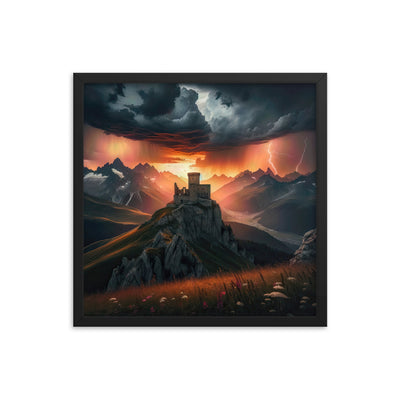 Foto einer Alpenburg bei stürmischem Sonnenuntergang, dramatische Wolken und Sonnenstrahlen - Premium Poster mit Rahmen berge xxx yyy zzz 45.7 x 45.7 cm