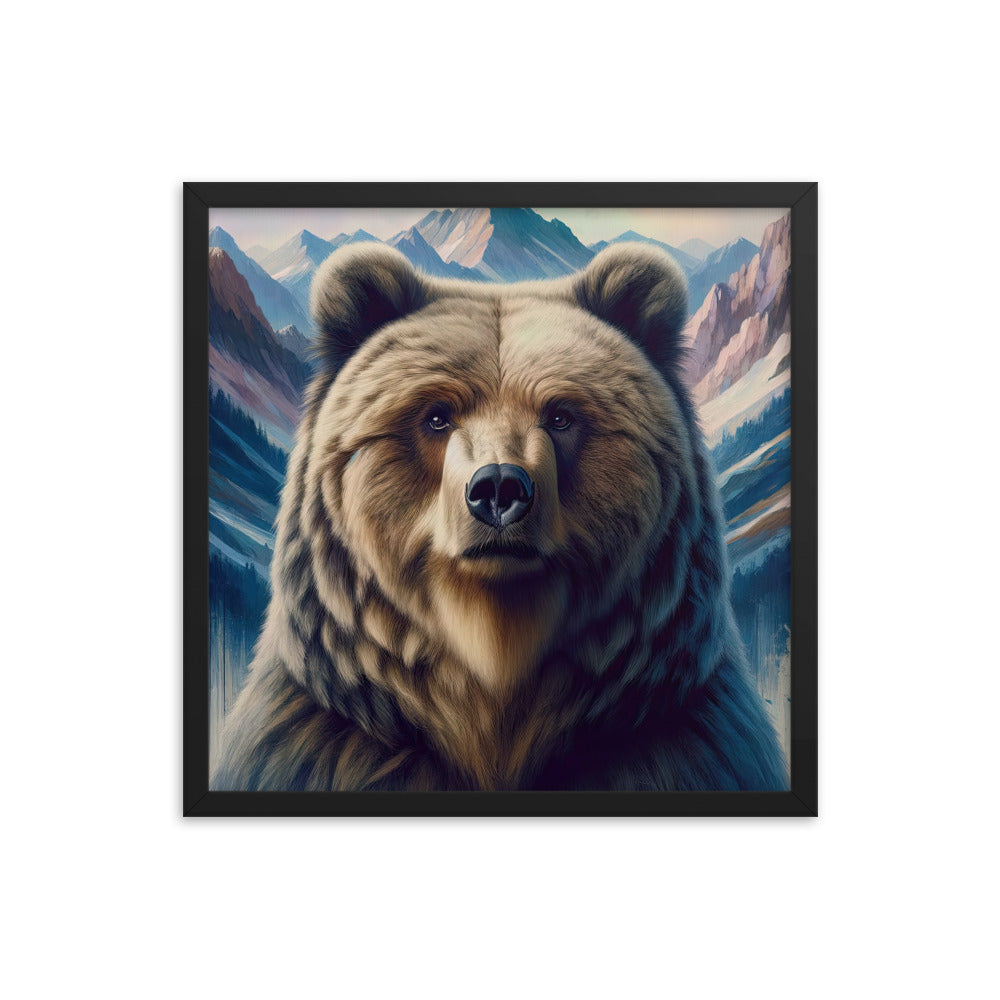 Foto eines Bären vor abstrakt gemalten Alpenbergen, Oberkörper im Fokus - Premium Poster mit Rahmen camping xxx yyy zzz 45.7 x 45.7 cm