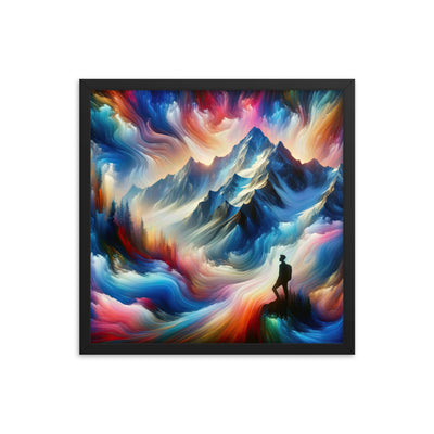 Foto eines abstrakt-expressionistischen Alpengemäldes mit Wanderersilhouette - Premium Poster mit Rahmen wandern xxx yyy zzz 45.7 x 45.7 cm