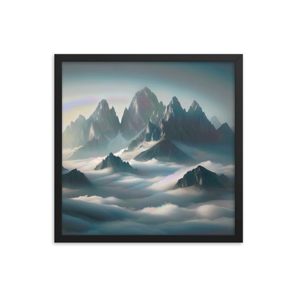 Foto eines nebligen Alpenmorgens, scharfe Gipfel ragen aus dem Nebel - Premium Poster mit Rahmen berge xxx yyy zzz 45.7 x 45.7 cm