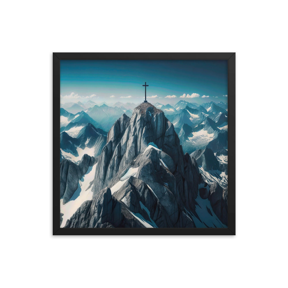 Foto der Alpen mit Gipfelkreuz an einem klaren Tag, schneebedeckte Spitzen vor blauem Himmel - Premium Poster mit Rahmen berge xxx yyy zzz 45.7 x 45.7 cm