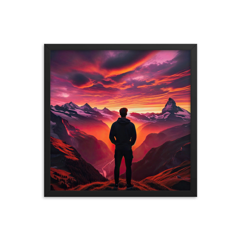 Foto der Schweizer Alpen im Sonnenuntergang, Himmel in surreal glänzenden Farbtönen - Premium Poster mit Rahmen wandern xxx yyy zzz 45.7 x 45.7 cm