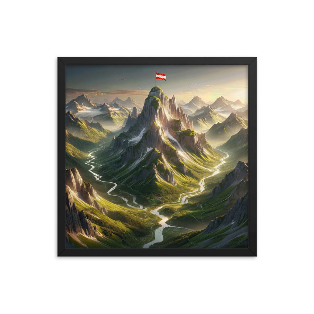 Fotorealistisches Bild der Alpen mit österreichischer Flagge, scharfen Gipfeln und grünen Tälern - Enhanced Matte Paper Framed Poster berge xxx yyy zzz 45.7 x 45.7 cm