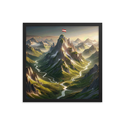 Fotorealistisches Bild der Alpen mit österreichischer Flagge, scharfen Gipfeln und grünen Tälern - Enhanced Matte Paper Framed Poster berge xxx yyy zzz 45.7 x 45.7 cm