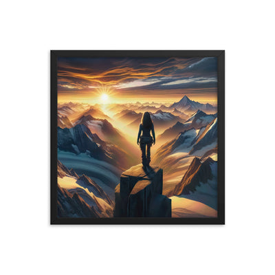 Fotorealistische Darstellung der Alpen bei Sonnenaufgang, Wanderin unter einem gold-purpurnen Himmel - Enhanced Matte Paper Framed wandern xxx yyy zzz 45.7 x 45.7 cm