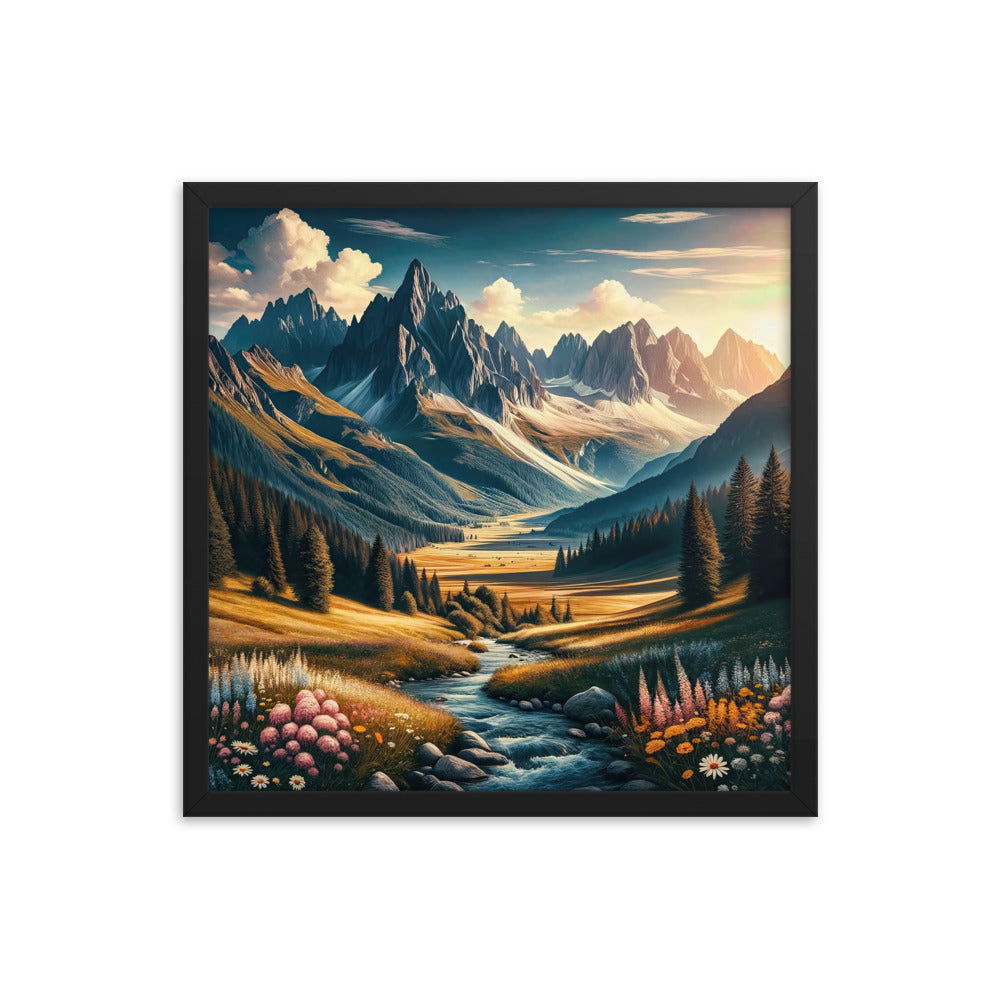 Quadratisches Kunstwerk der Alpen, majestätische Berge unter goldener Sonne - Premium Poster mit Rahmen berge xxx yyy zzz 45.7 x 45.7 cm