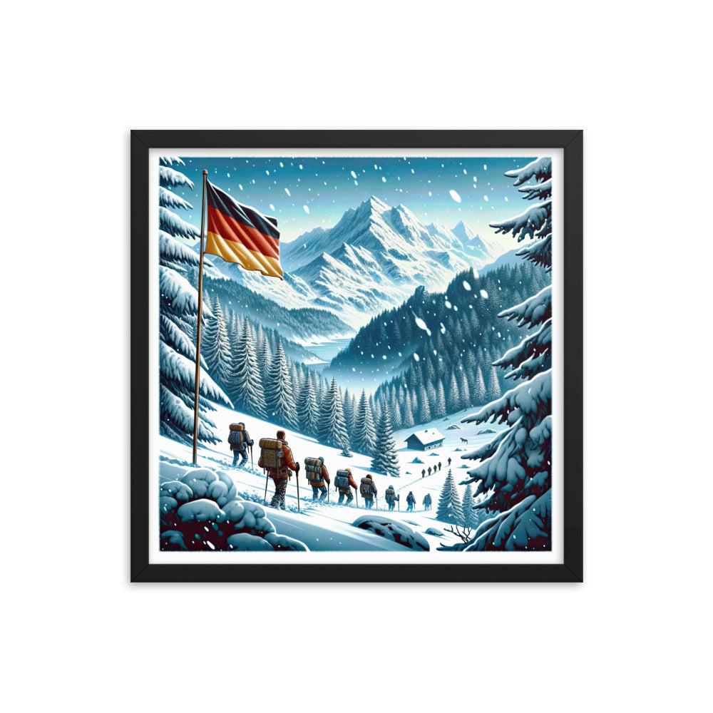 Quadratische Winterillustration der Alpen mit deutscher Flagge und Wanderteam - Premium Poster mit Rahmen wandern xxx yyy zzz 45.7 x 45.7 cm