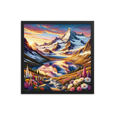 Quadratische Illustration der Alpen mit schneebedeckten Gipfeln und Wildblumen - Premium Poster mit Rahmen berge xxx yyy zzz 45.7 x 45.7 cm