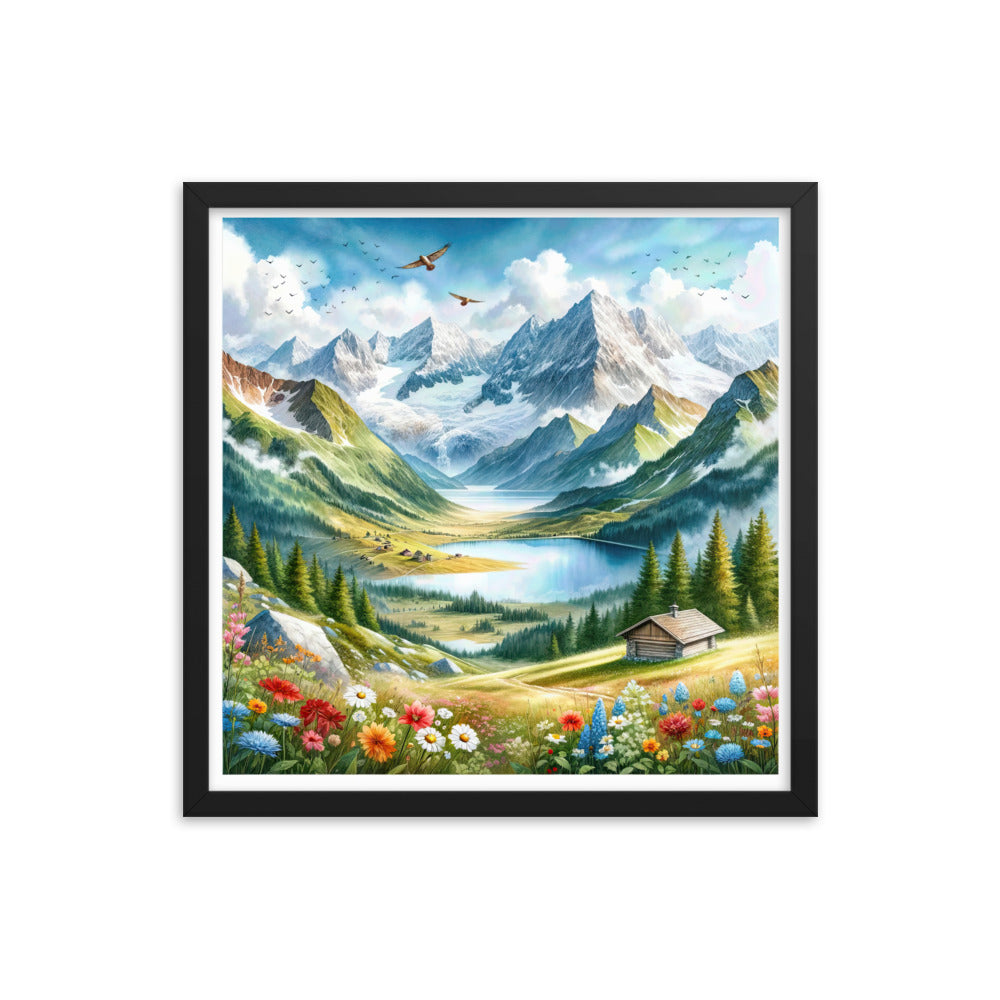 Quadratisches Aquarell der Alpen, Berge mit schneebedeckten Spitzen - Premium Poster mit Rahmen berge xxx yyy zzz 45.7 x 45.7 cm