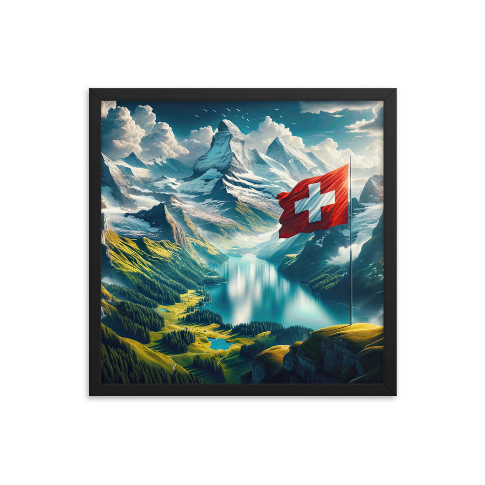 Ultraepische, fotorealistische Darstellung der Schweizer Alpenlandschaft mit Schweizer Flagge - Premium Poster mit Rahmen berge xxx yyy zzz 45.7 x 45.7 cm
