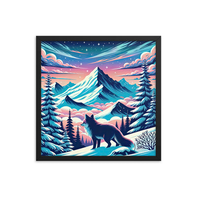 Vektorgrafik eines alpinen Winterwunderlandes mit schneebedeckten Kiefern und einem Fuchs - Premium Poster mit Rahmen camping xxx yyy zzz 45.7 x 45.7 cm